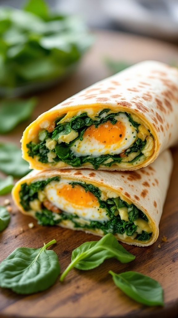 A close-up of a delicious egg and spinach breakfast wrap, cut in half, showcasing the runny yolk and fresh spinach inside.
