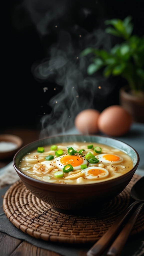 A bowl of steaming egg drop soup topped with green onions, with a few eggs in the background.