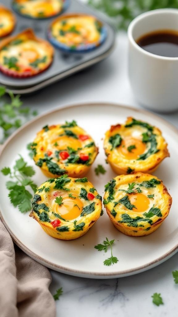 Egg muffins packed with veggies and cheese on a plate with a cup of coffee