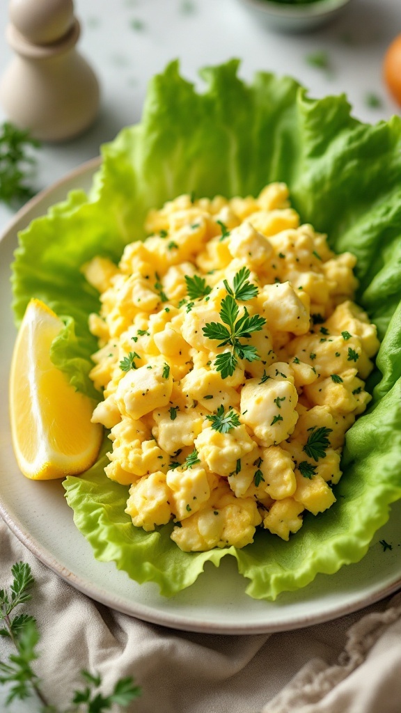 Delicious egg salad lettuce wraps served with lemon