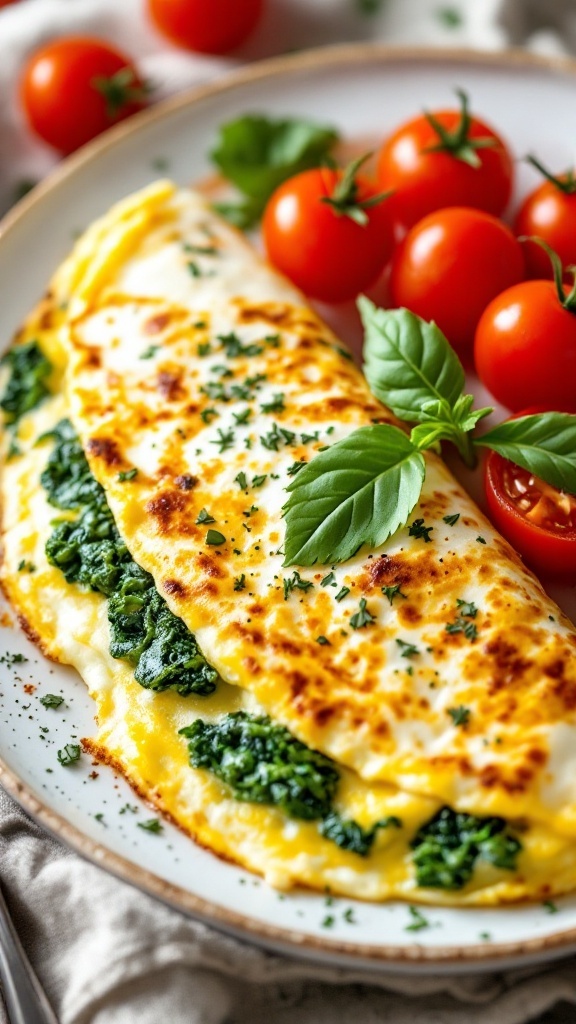 A delicious egg white and spinach omelette served with cherry tomatoes and fresh basil.