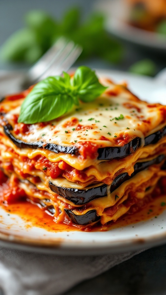 A delicious serving of eggplant lasagna with marinara sauce, topped with fresh basil.