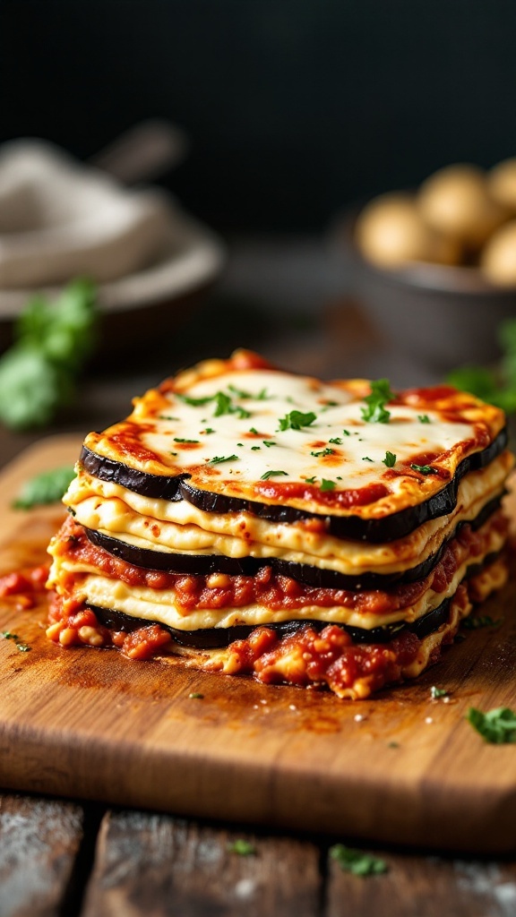 A delicious serving of eggplant lasagna with ricotta, showcasing layers of eggplant, marinara sauce, and melted cheese.