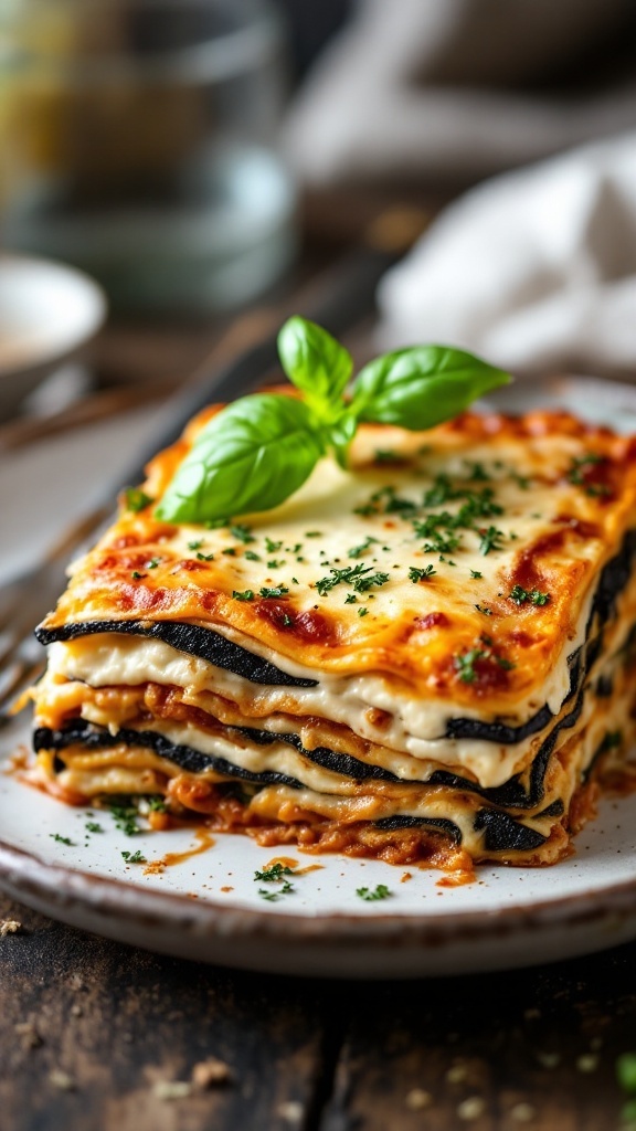 A delicious serving of eggplant lasagna topped with fresh basil and parsley.