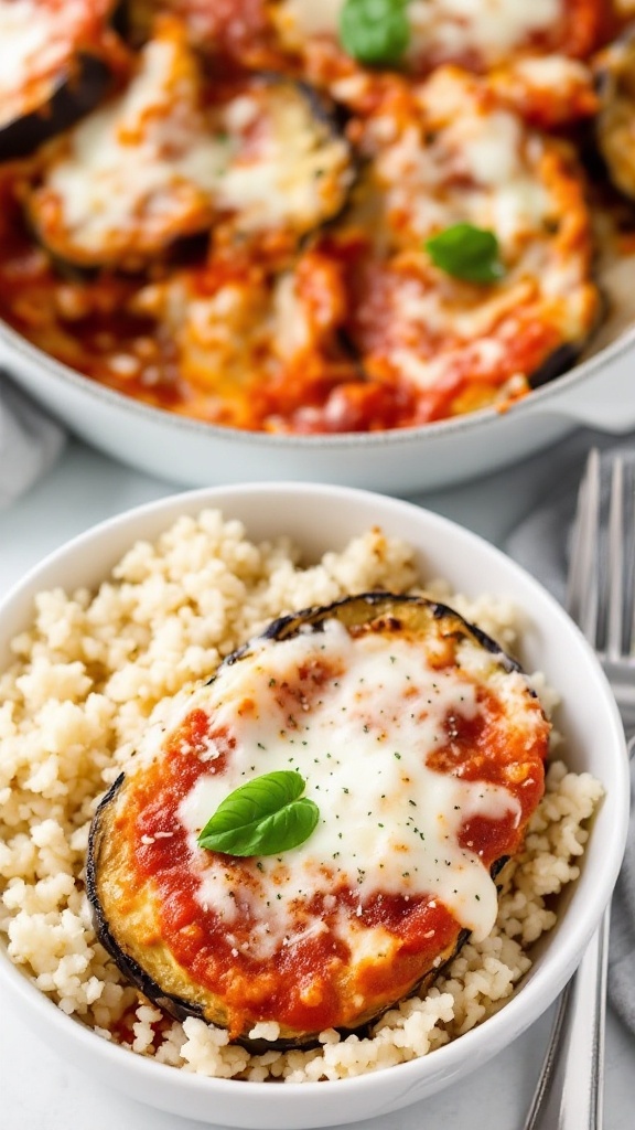 A serving of eggplant parmesan with cauliflower rice in a bowl, garnished with basil.