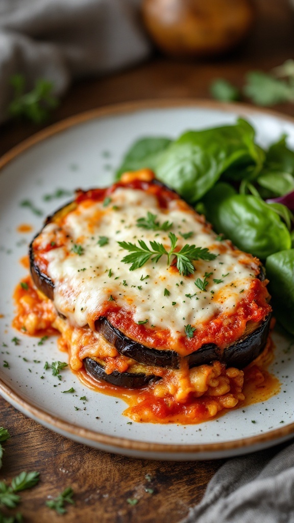 A delicious serving of eggplant parmesan, layered with sauce and cheese.
