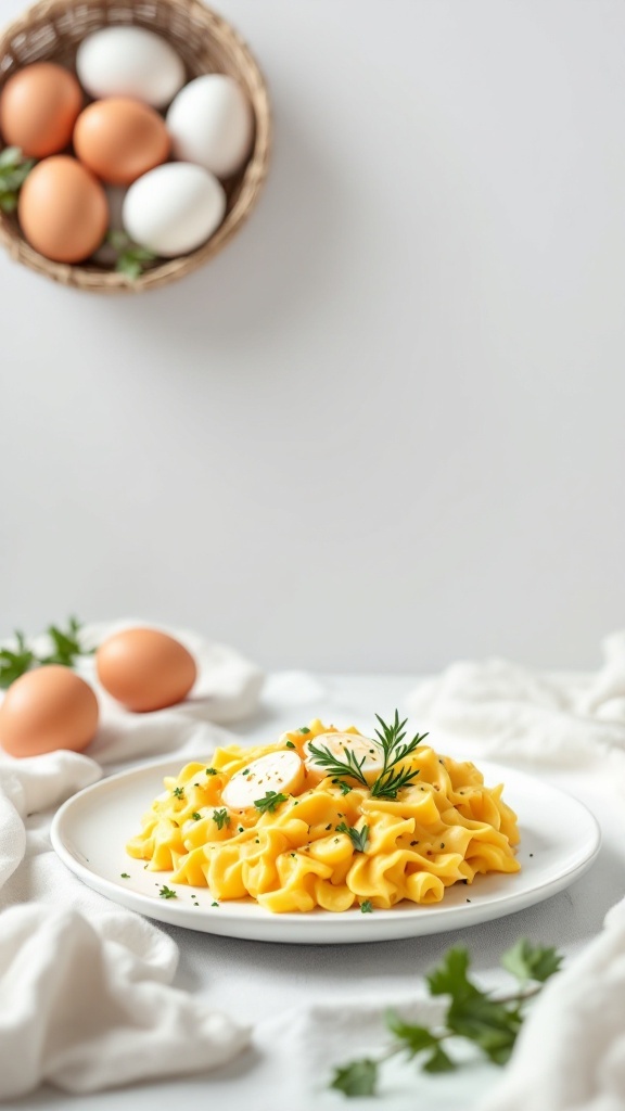A plate of pasta topped with a soft-boiled egg, with eggs in a basket in the background.