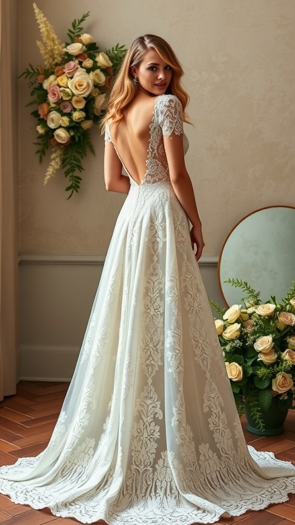 A stunning A-line gown with lace details, featuring off-shoulder straps and a flowing skirt, displayed in a bright boutique.