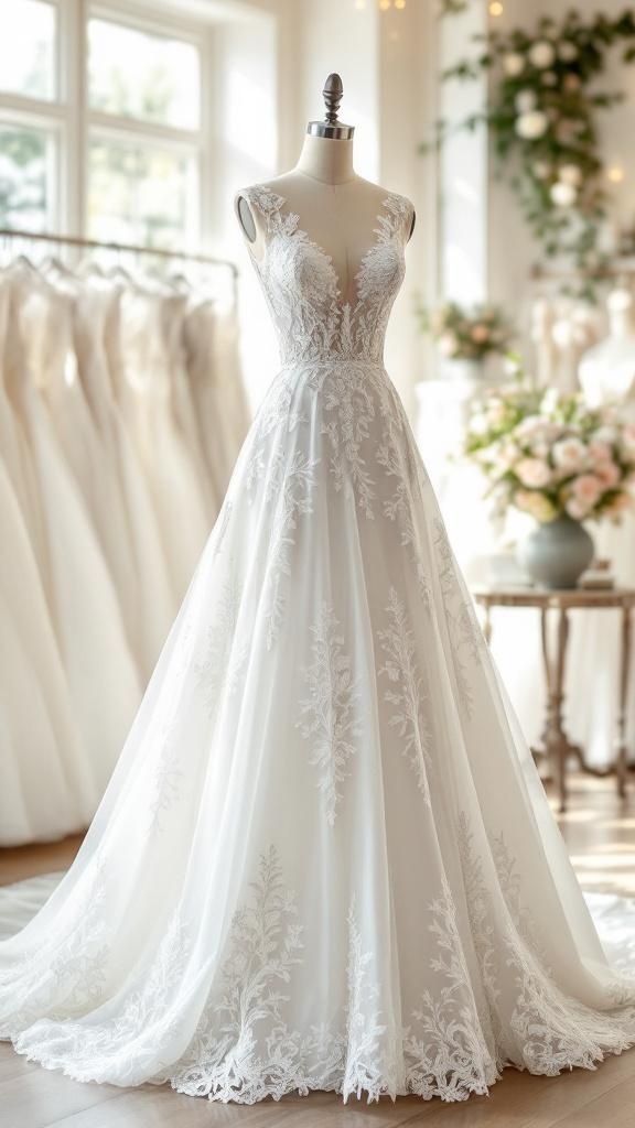 A beautiful A-line wedding dress with lace details displayed on a mannequin in a bright room.