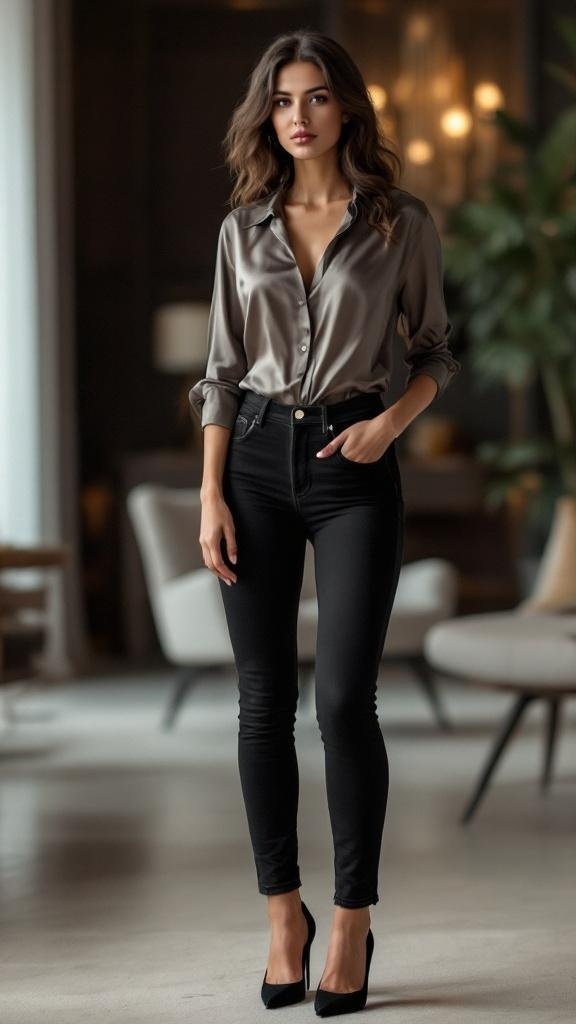 A model wearing a satin blouse and black jeans, standing in an elegant setting.