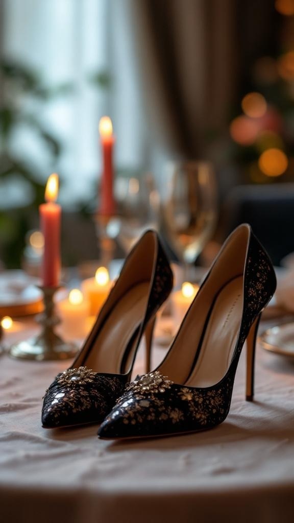A pair of elegant black heels with floral designs and embellishments on a table with candles.