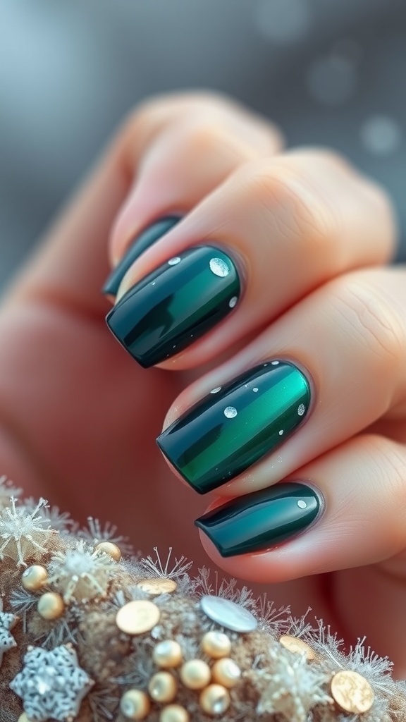 Close-up of elegantly manicured nails featuring a green and turquoise gradient with silver embellishments.