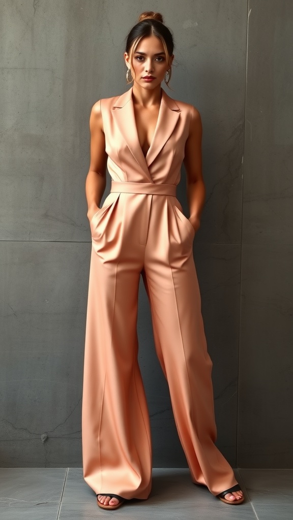 A stylish jumpsuit displayed on a mannequin, featuring long sleeves and a cinched waist, complemented by a statement necklace.