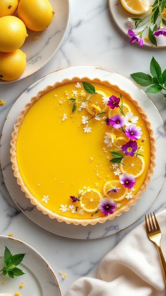 A beautifully decorated lemon tart with flowers and lemon slices on a marble surface.