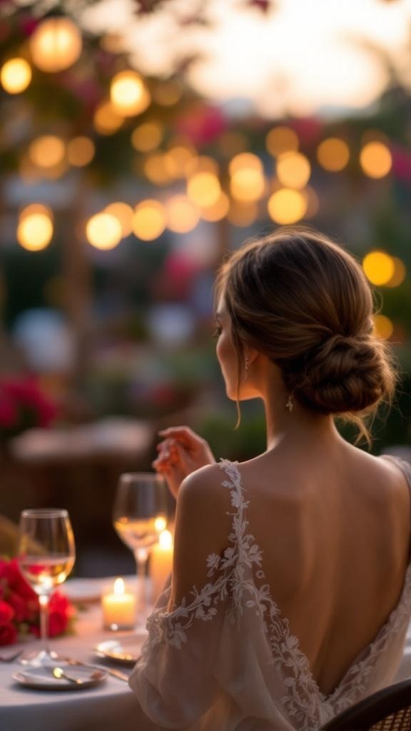 A woman with a low side bun hairstyle, sitting at a beautifully set table with glowing lights in the background.