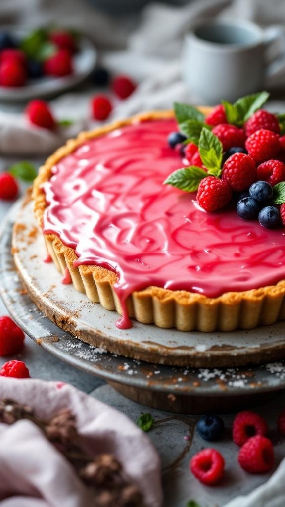 A no bake raspberry tart topped with fresh raspberries and mint leaves, sitting on a rustic plate.