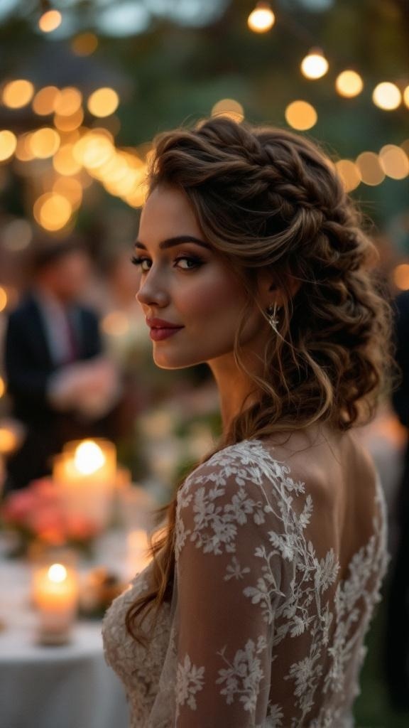 A woman with a side braid hairstyle, dressed elegantly, surrounded by soft lighting and a romantic atmosphere.