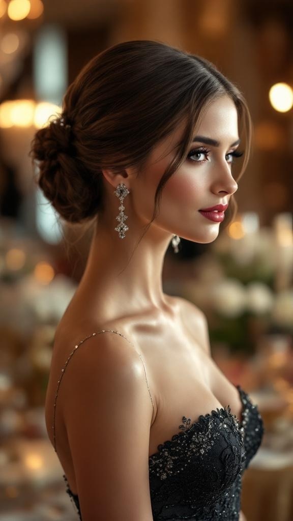 A woman with a sleek updo hairstyle, wearing elegant earrings and a black dress, showcasing a sophisticated look.