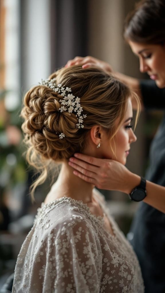 A woman getting her hair styled into an elegant updo with floral accessories.