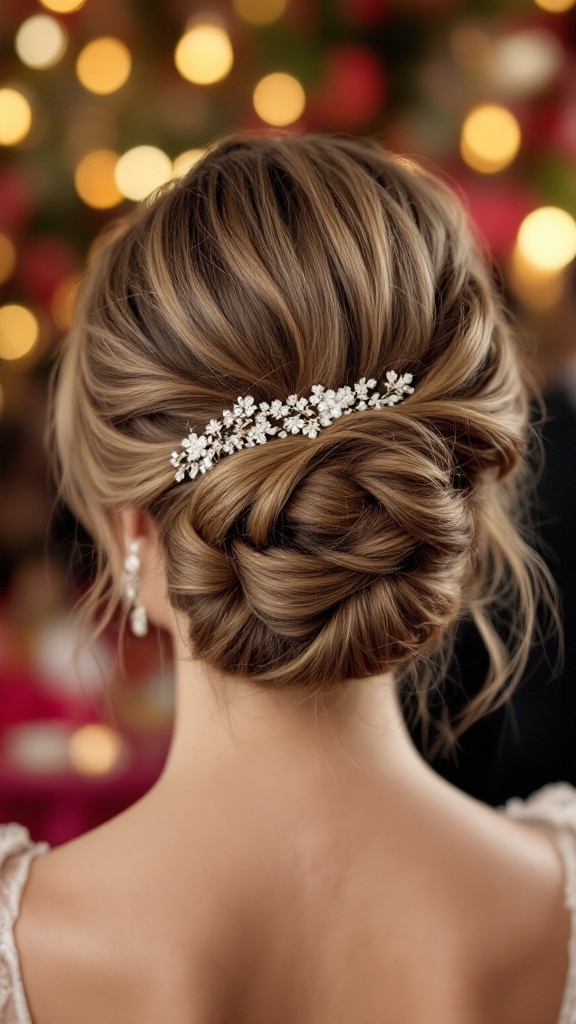 Elegant updo hairstyle with twists and floral hairpiece