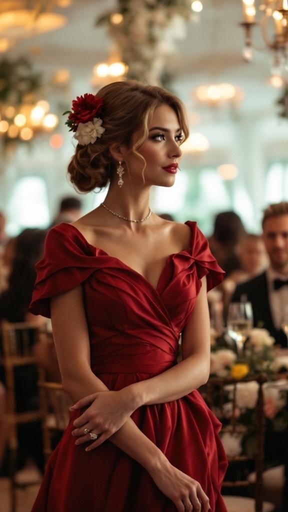 A woman in a red dress with off-the-shoulder sleeves, styled with flowers in her hair, at a wedding reception.