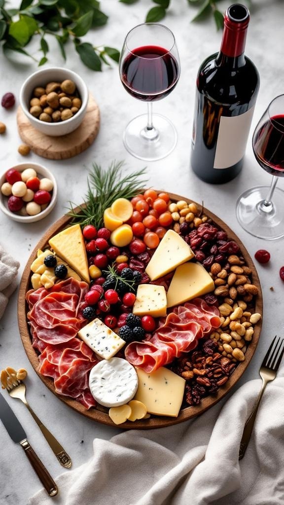 A beautifully arranged charcuterie board featuring cheeses, cured meats, fresh fruits, and wine.