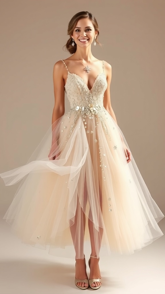 A beautiful embellished tulle dress in soft pink surrounded by blooming flowers.