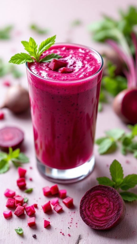 A vibrant beetroot smoothie in a glass, garnished with mint leaves and surrounded by fresh beetroot slices.