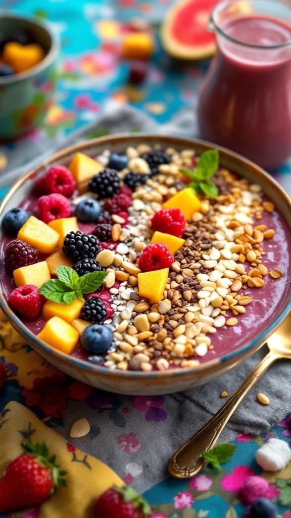 A colorful smoothie bowl topped with fresh fruits, nuts, and seeds.