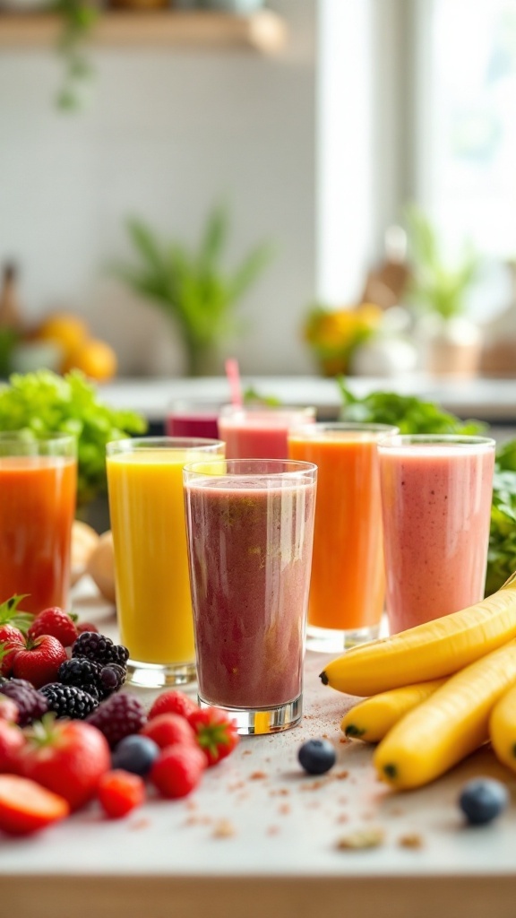 Colorful smoothies in glasses with fresh fruits and greens around them.