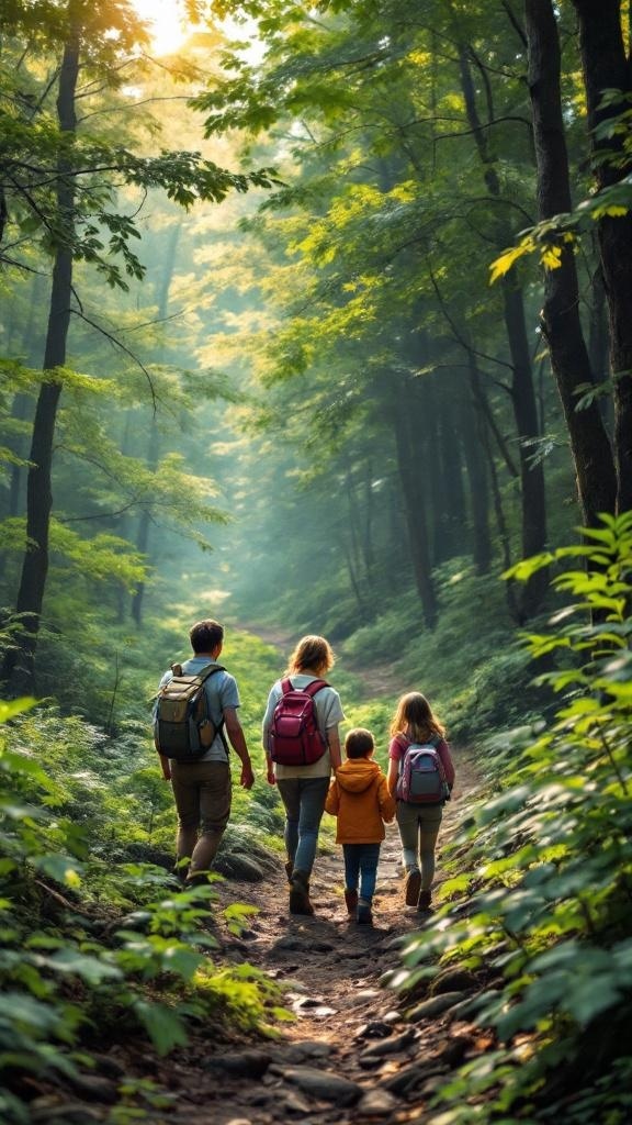 A family walking on a forest path surrounded by trees