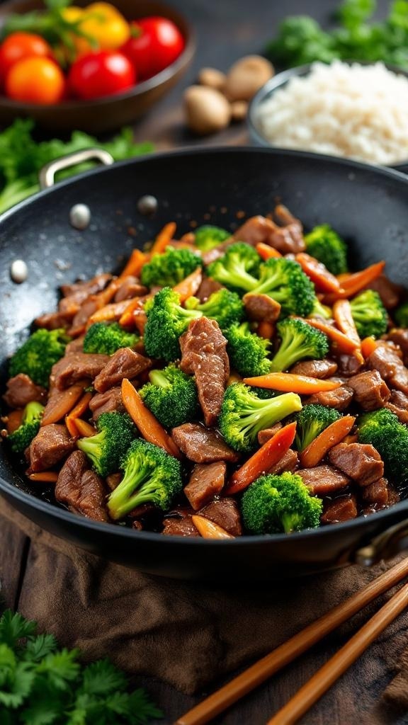 A delicious beef and broccoli stir-fry in a skillet with colorful vegetables.