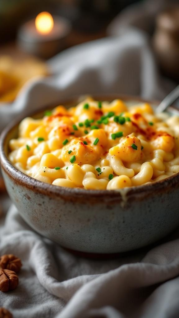 A bowl of creamy keto cauliflower mac and cheese topped with chives.
