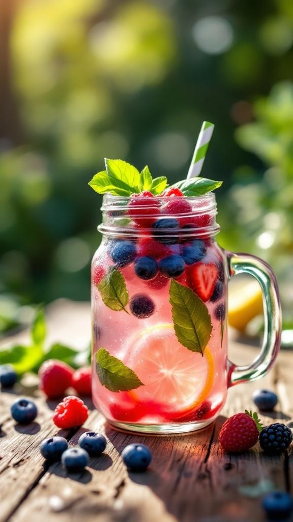 A refreshing berry basil lemonade in a glass jar with fresh berries and basil leaves.