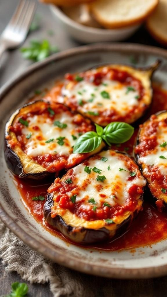 A plate of Mediterranean baked eggplant topped with marinara sauce and melted cheese.