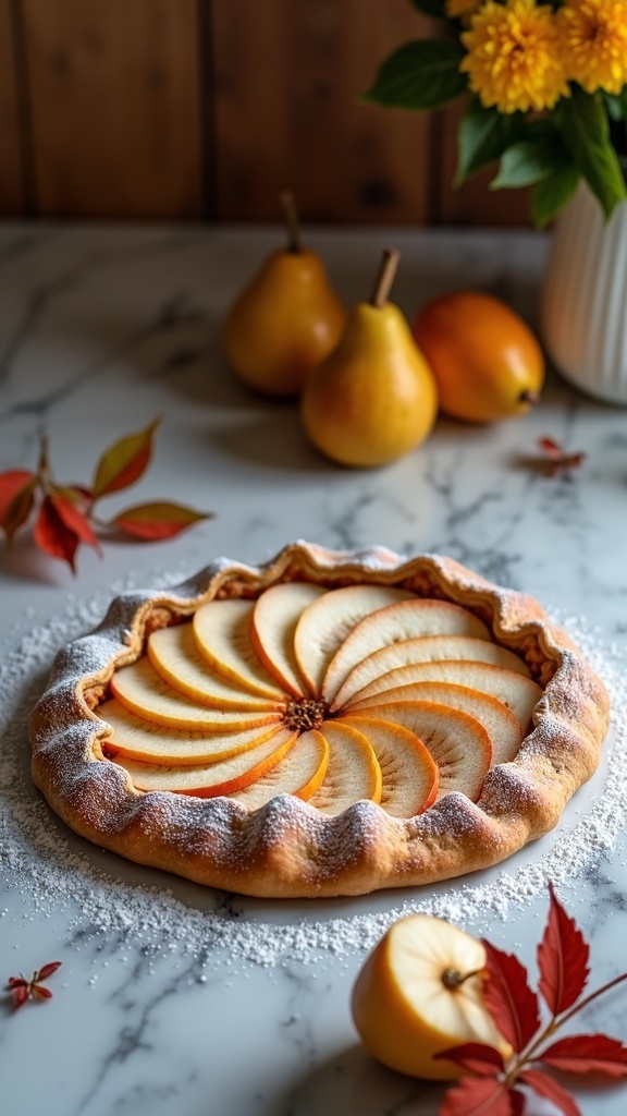 A spiced pear galette on a marble surface, surrounded by fresh pears and autumn leaves.