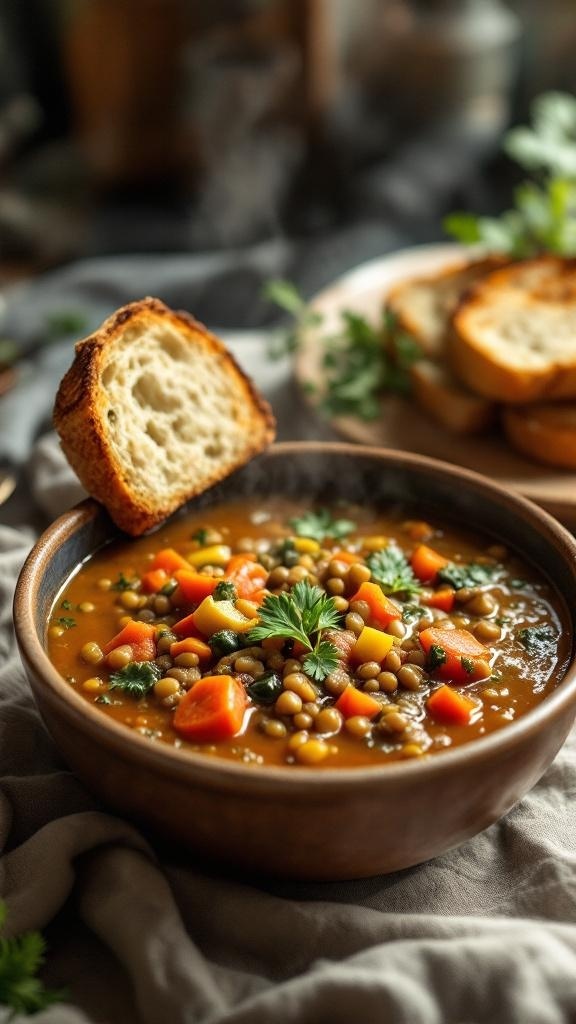 A bowl of Mediterranean lentil soup with vegetables and a slice of bread.