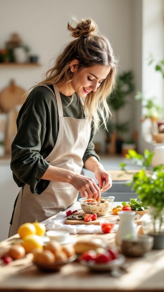 A person preparing a healthy breakfast in a bright kitchen, surrounded by fresh ingredients.