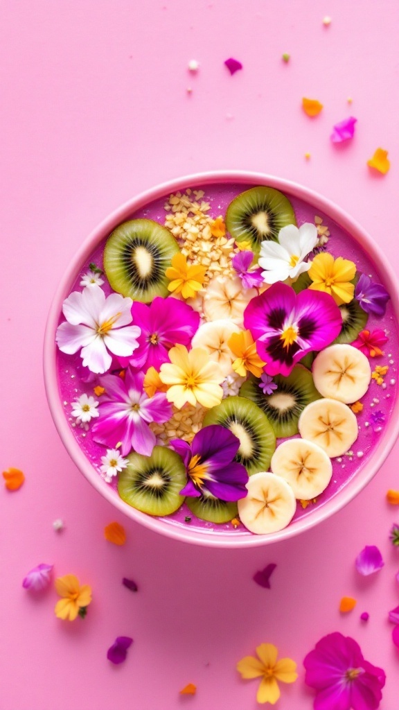 A vibrant and colorful dragon fruit smoothie bowl topped with fresh fruit and edible flowers.