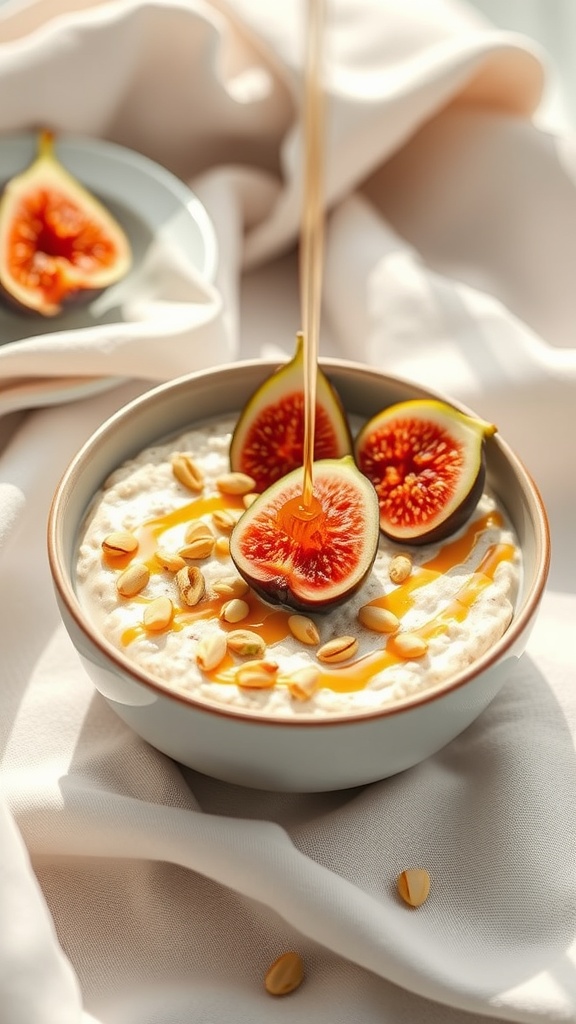 A bowl of Exotic Fig and Honey Overnight Oats topped with fresh figs and nuts, with honey drizzling over it.