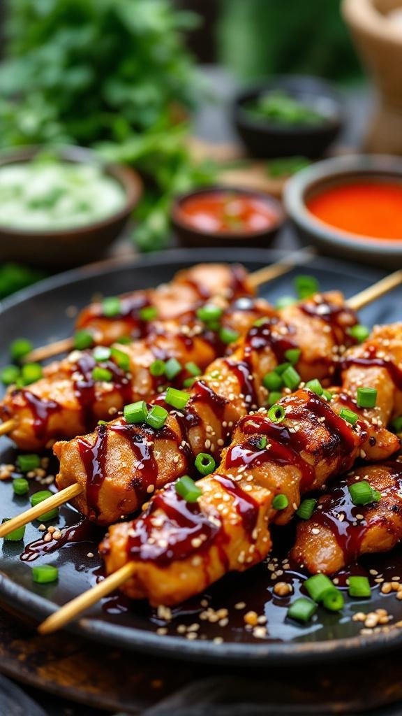 Delicious Teriyaki BBQ Chicken Skewers garnished with green onions and sesame seeds on a black plate.
