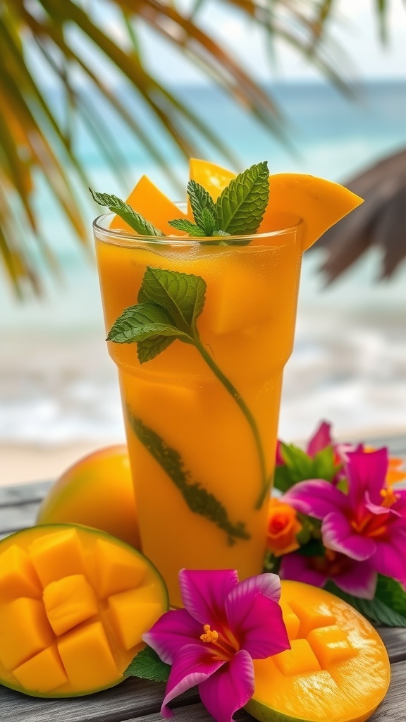 A refreshing glass of mango iced tea with mint leaves