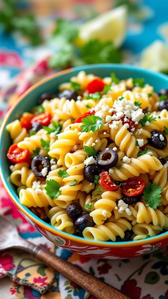 A colorful bowl of Mediterranean pasta salad with olives, artichokes, and cherry tomatoes.