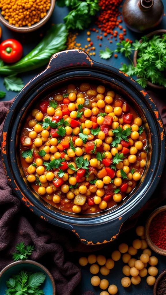 A colorful bowl of Moroccan Chickpea Stew with chickpeas, vegetables, and spices.