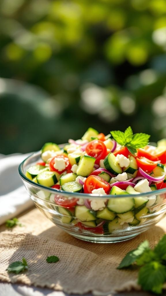 A vibrant Mediterranean cucumber salad with diced cucumbers, cherry tomatoes, red onion, and feta cheese in a glass bowl.