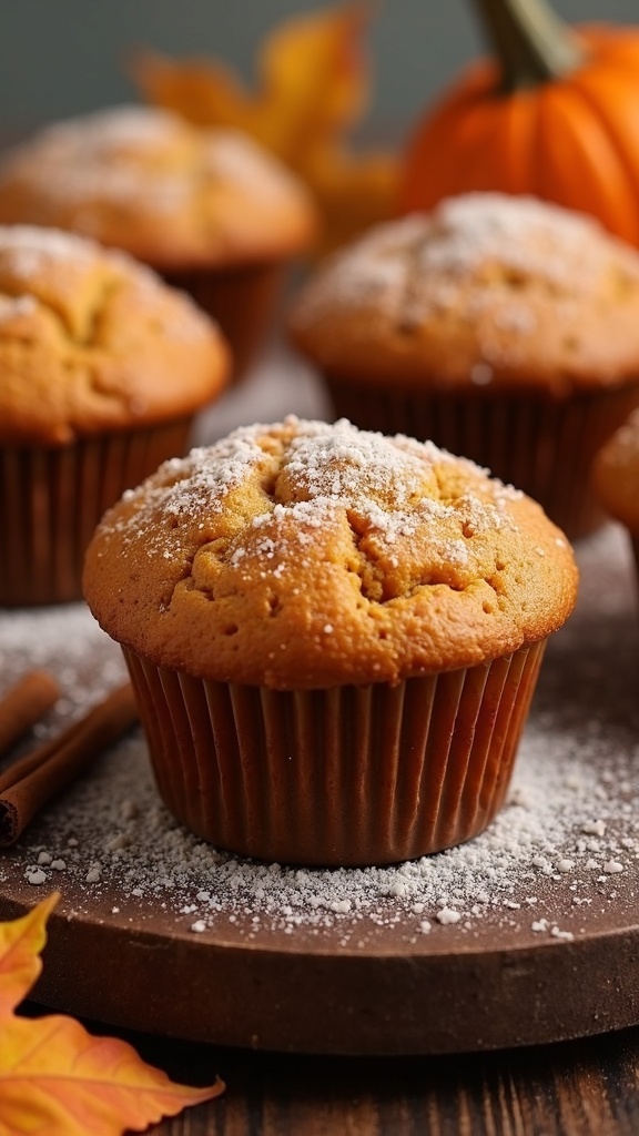 Maple pumpkin muffins dusted with powdered sugar, surrounded by autumn leaves and a small pumpkin.