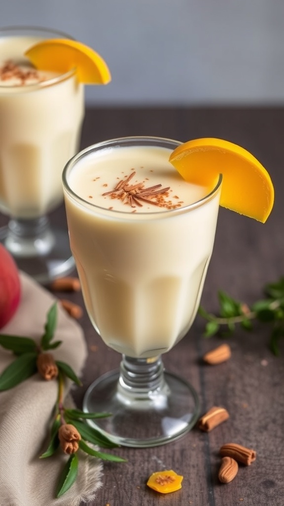 A clay cup filled with mango lassi, garnished with a slice of mango, surrounded by spices and colorful fabrics.