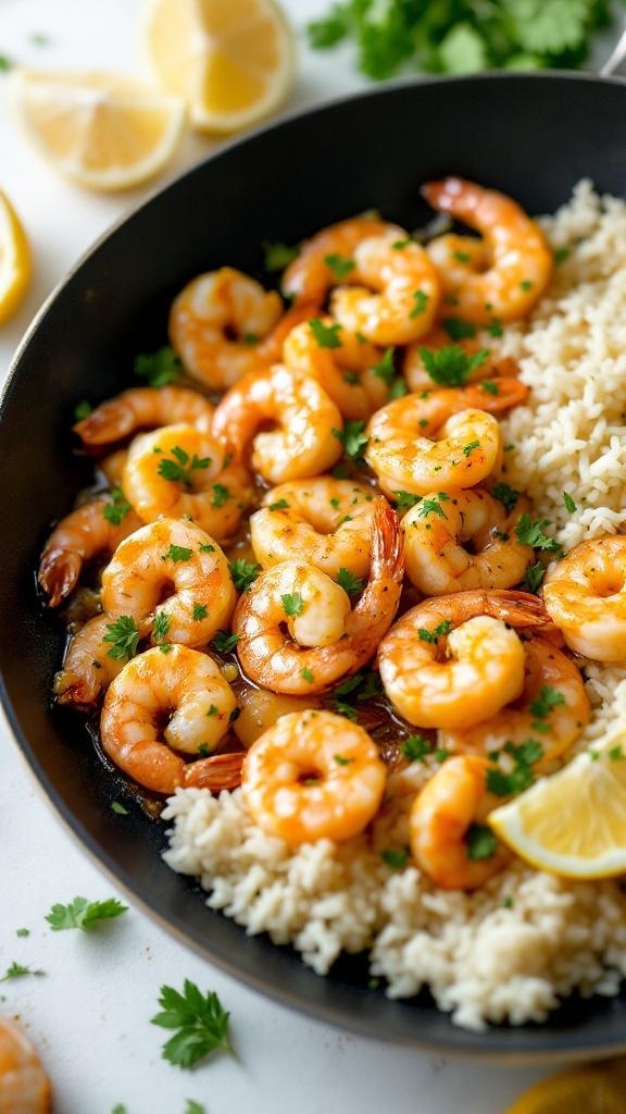 A delicious plate of lemon garlic shrimp served over rice with fresh parsley and lemon slices.