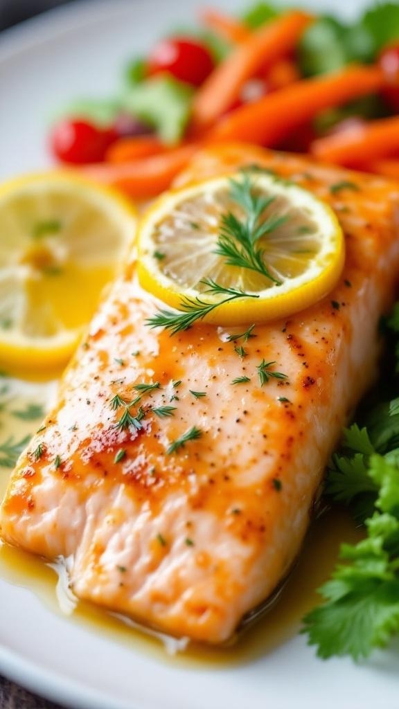 A plate of lemon garlic salmon garnished with lemon slices and fresh herbs, served with vegetables.