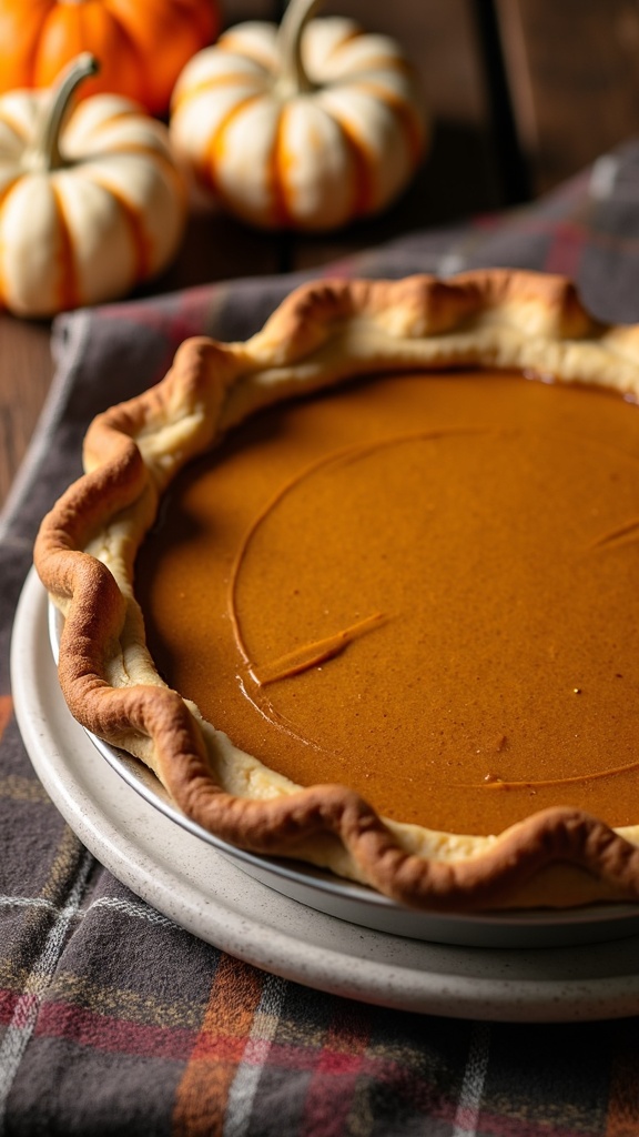 A freshly baked pumpkin pie with a golden crust, surrounded by small decorative pumpkins.